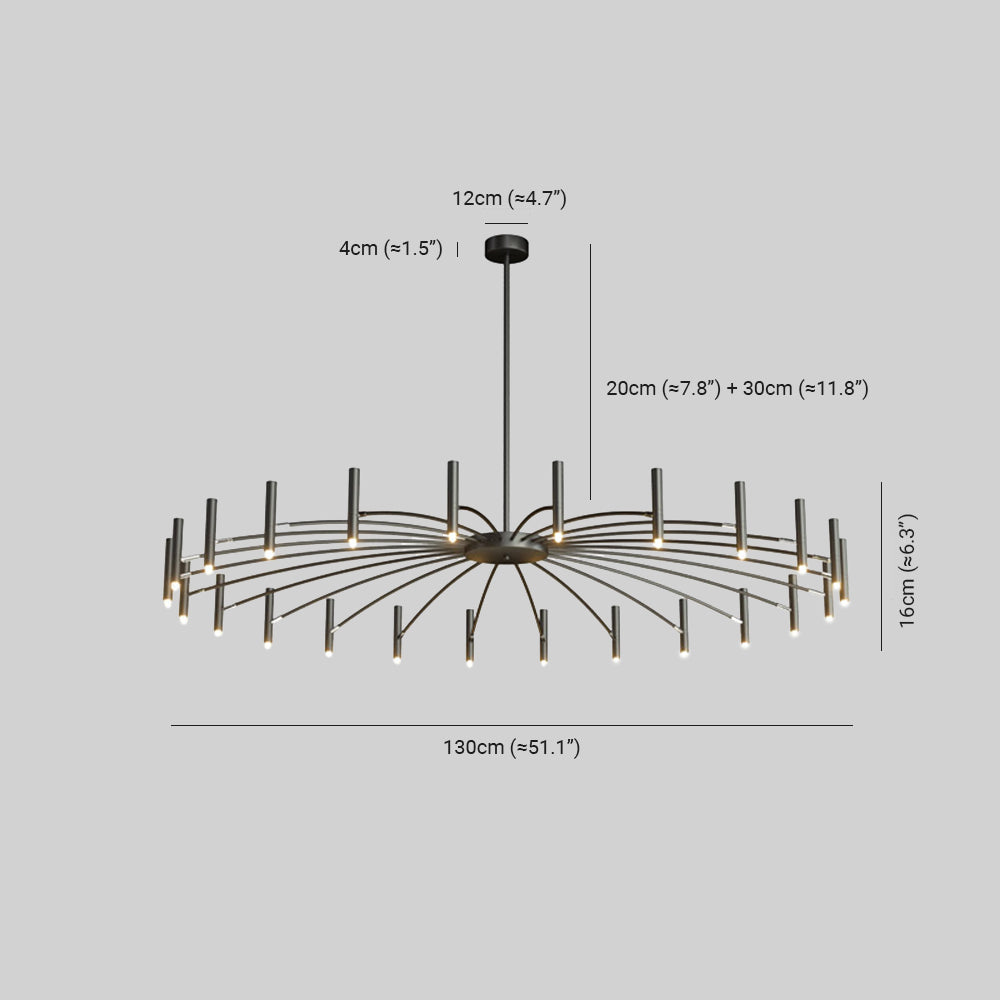 Black Evette curved-arm chandelier view with vertical heads and a 12 cm canopy label
