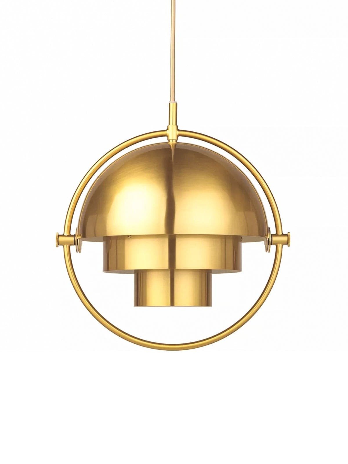 Copper-finish pendant with dome shade inside a circular frame