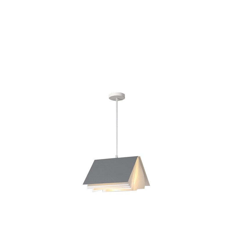 Isolated Gray Sienna book-style pendant on white with a pale round canopy, cord and layered shade
