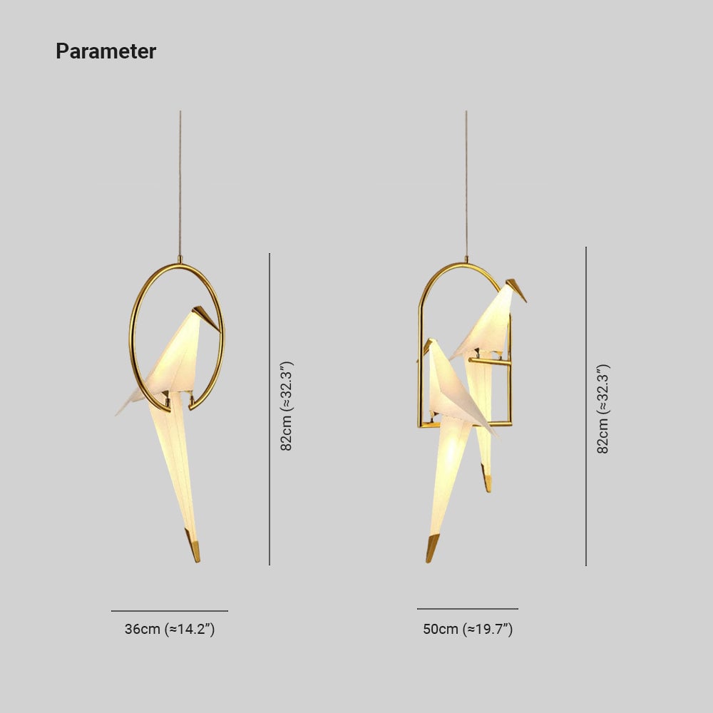 Bird pendant diagram showing 36 cm single-head width, 50 cm two-head width and 82 cm body heights.