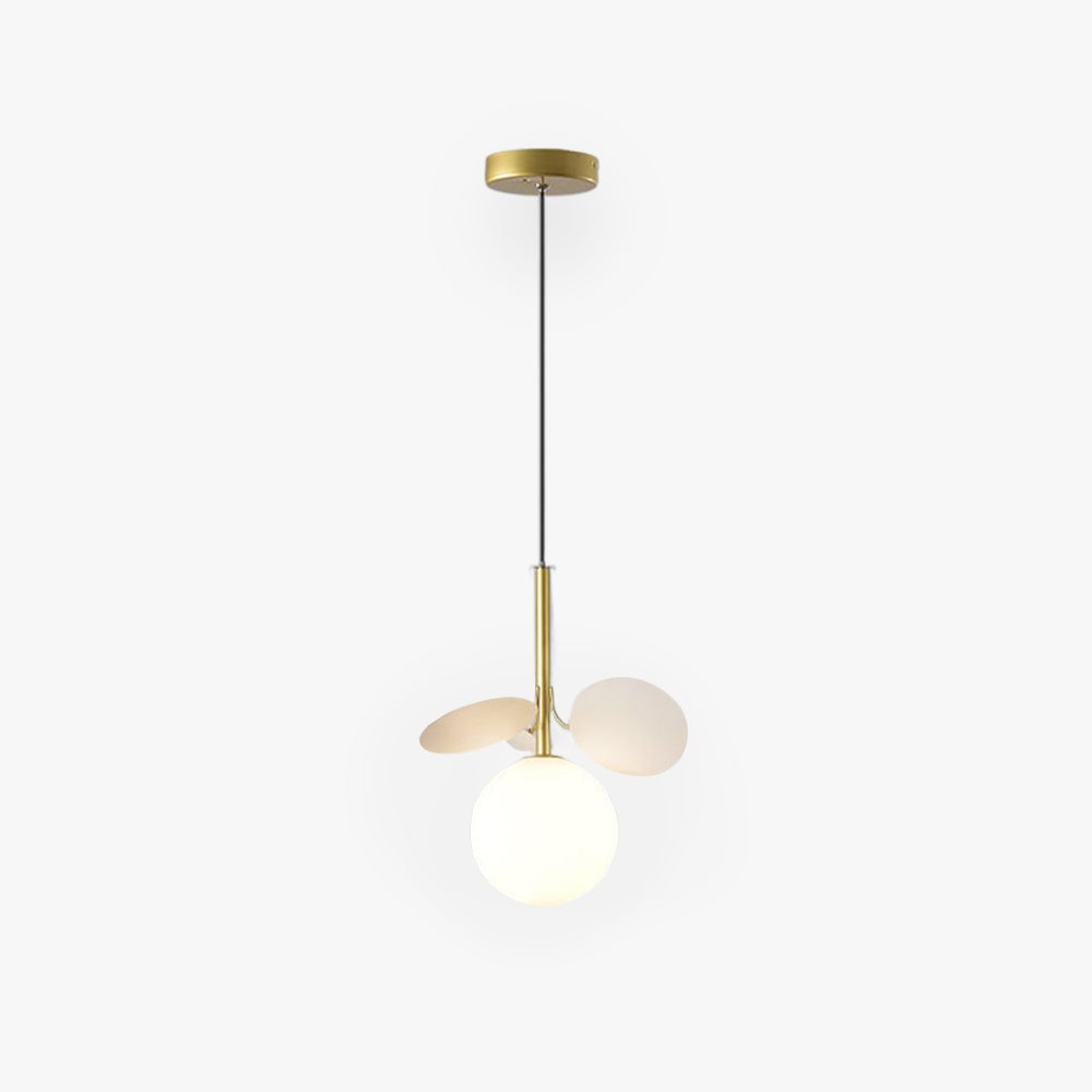 White Jevon pendant with pale petal discs above a glowing globe and gold-tone stem.