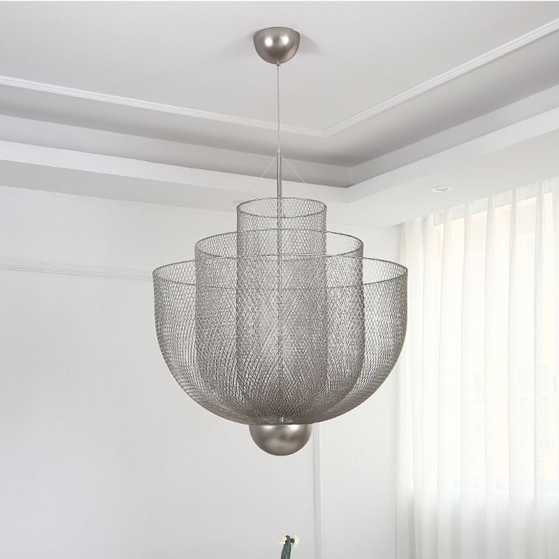 Silver layered metal mesh pendant in bright room