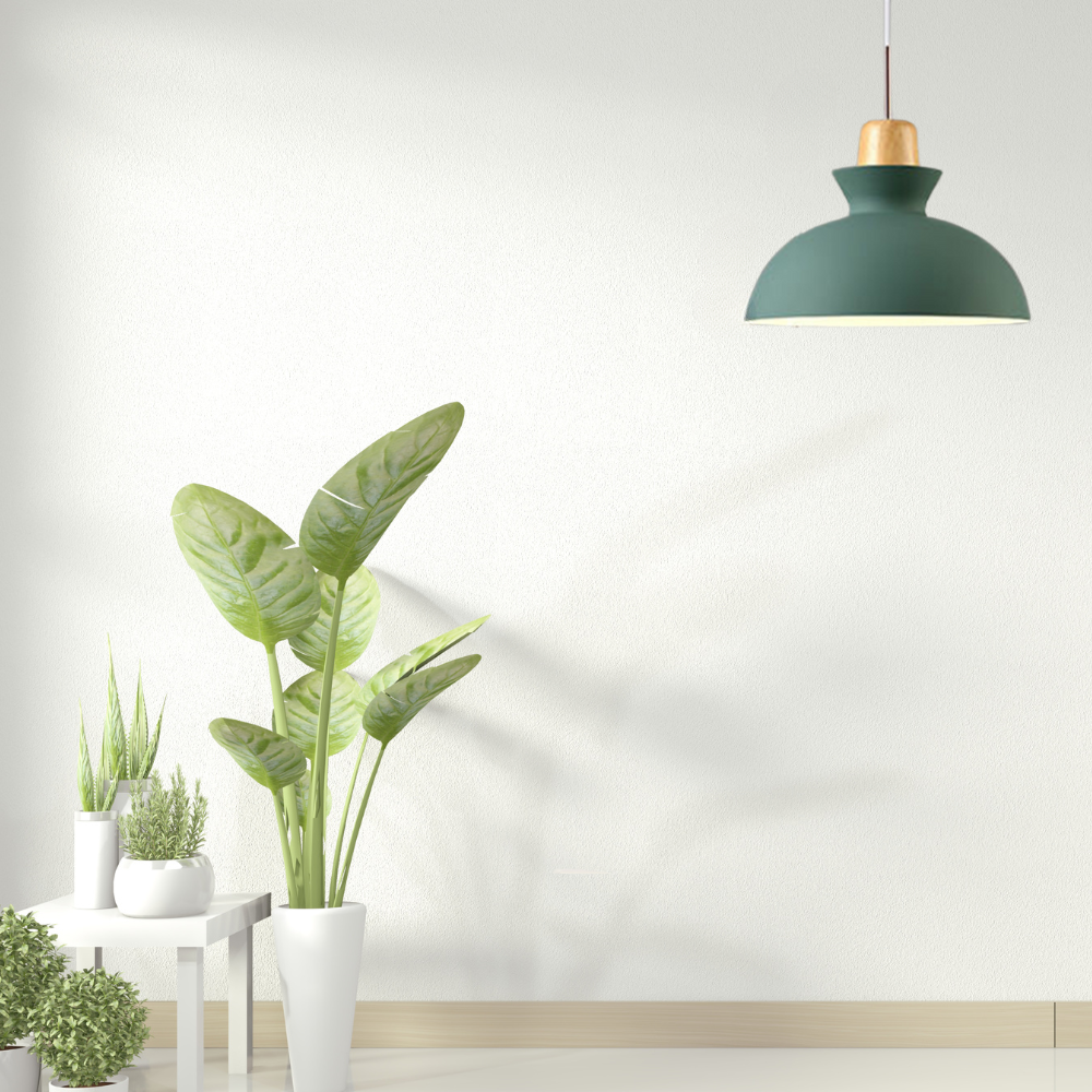 Green Morandi pendant above houseplants against a pale wall