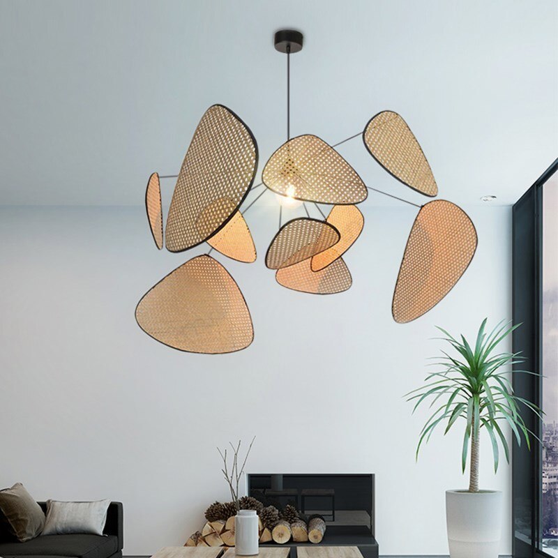 Leaf-grid pendant suspended in tall living room