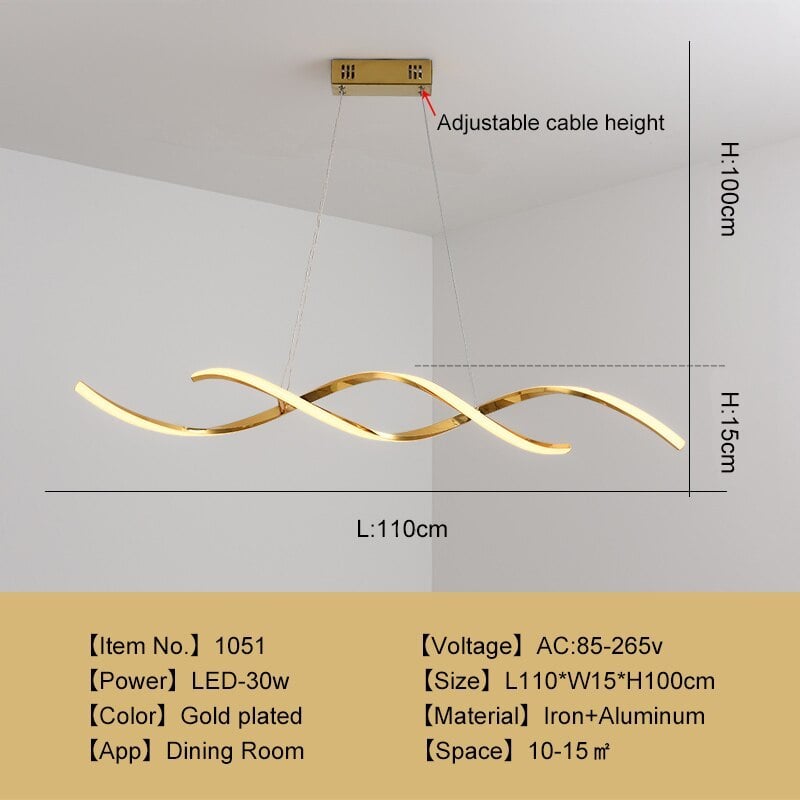 Gold Louise drawing showing 110 cm length, 15 cm body height and a 100 cm hanging-height mark