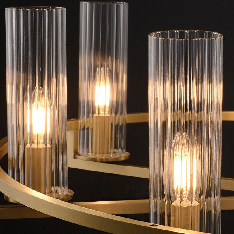 Close view of lit bulbs inside ribbed clear glass cylinders
