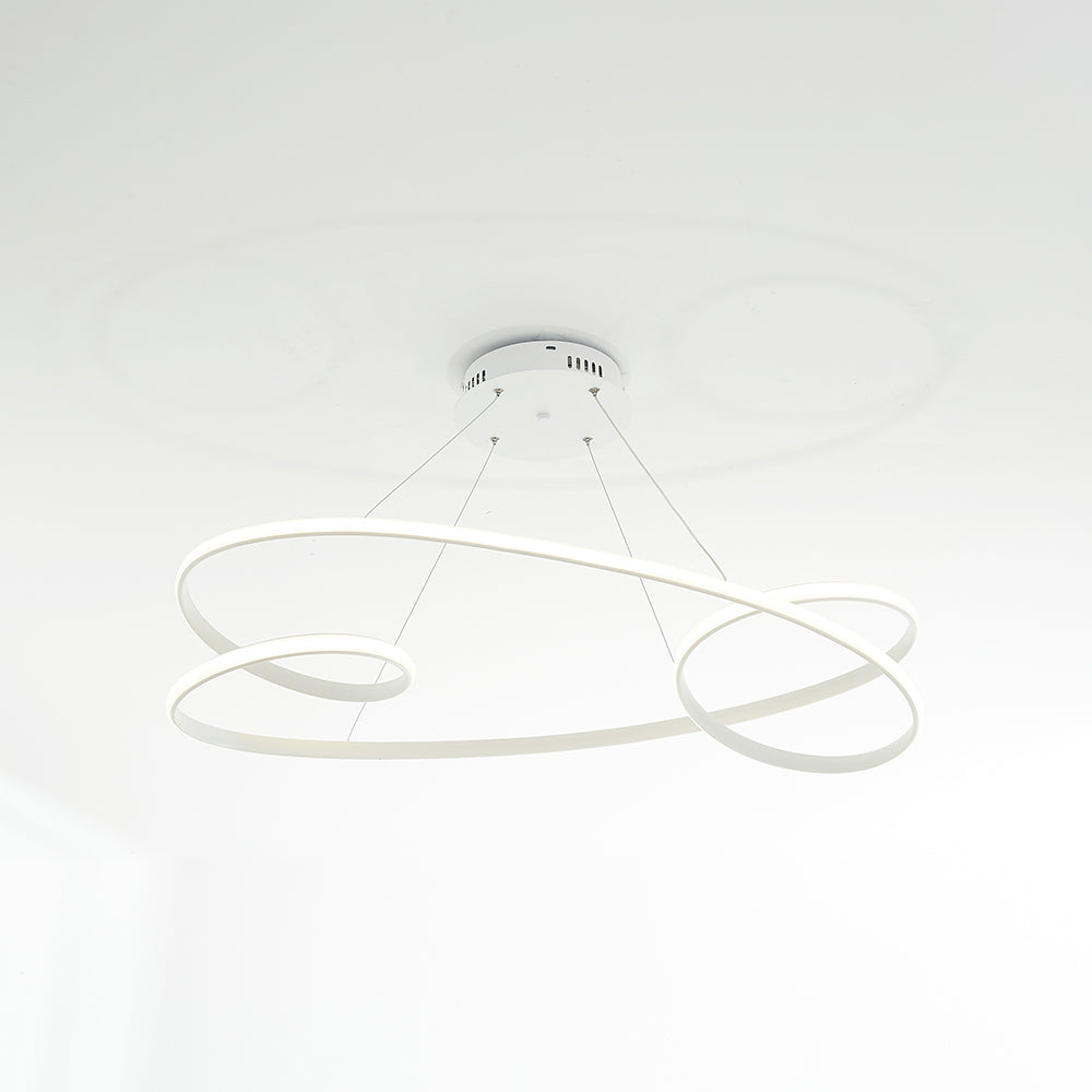 Illuminated white crossed-loop pendant with thin wires and a round canopy on white