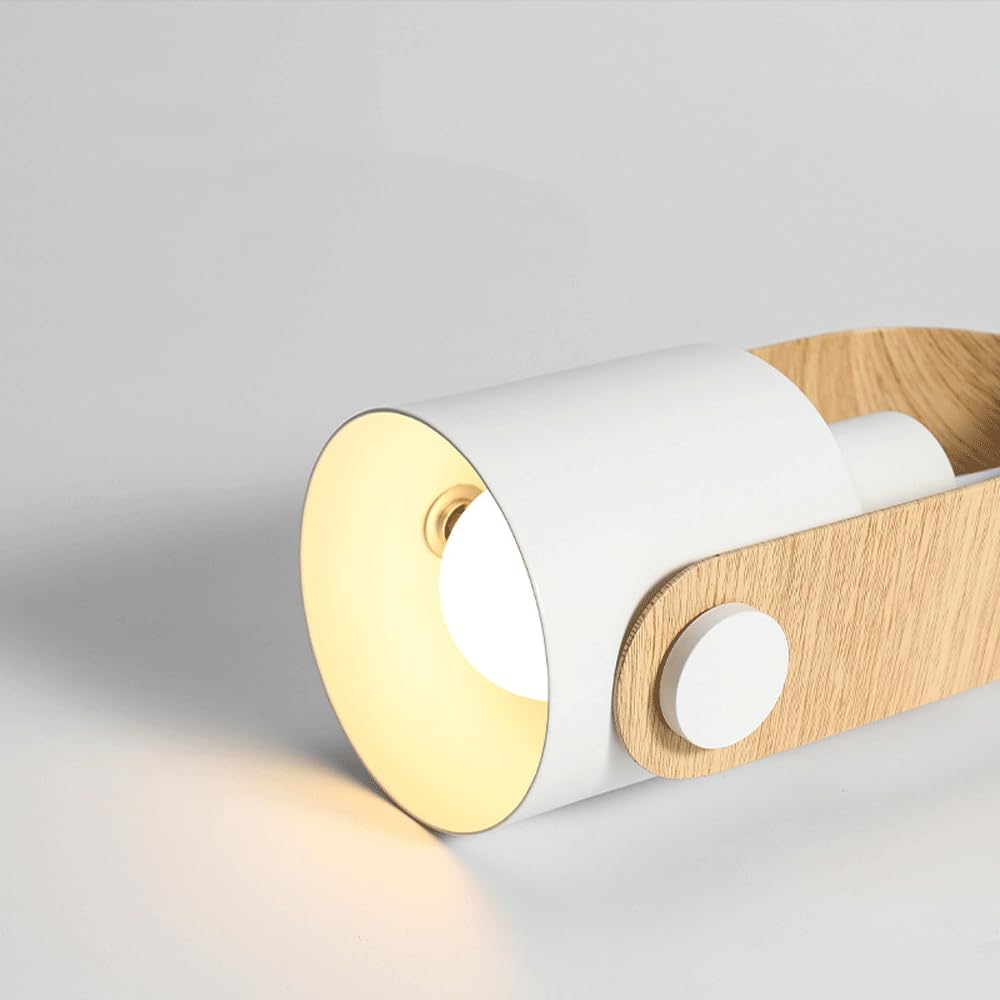 Lit white cylindrical shade within grain-look pivot bracket