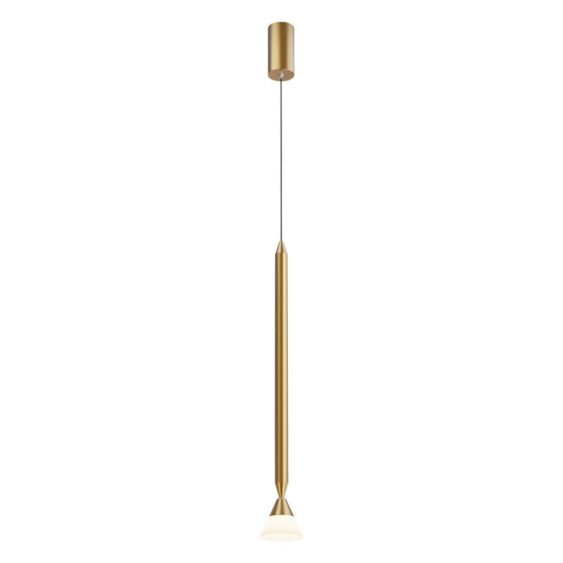 Full Carr Style A Gold pendant with cylindrical canopy, black upper cord, long gold-tone rod and small white cone