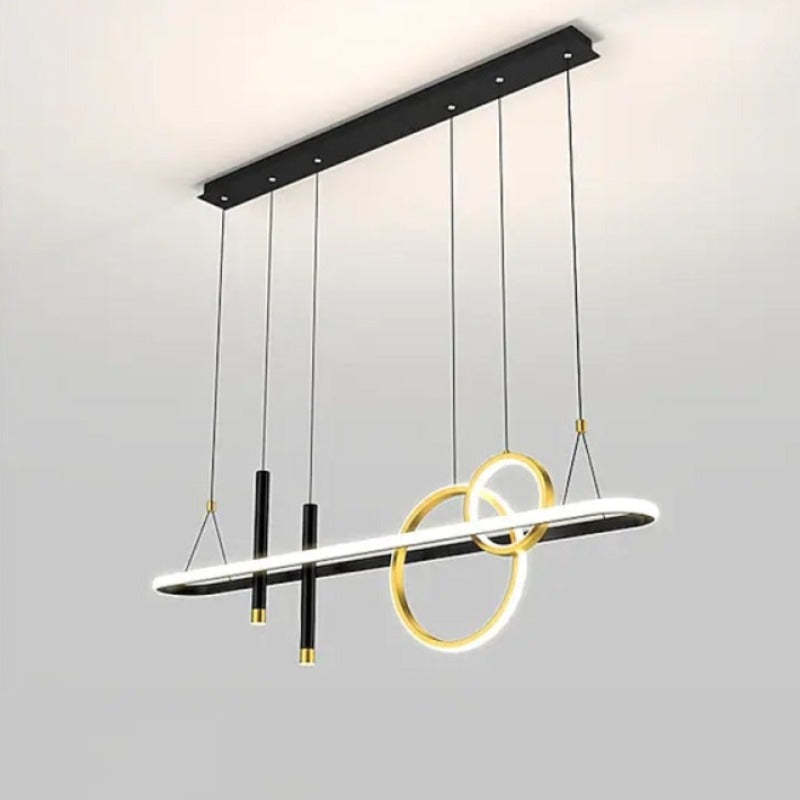 Madina gold rings and long illuminated bar shown with suspension wires and canopy