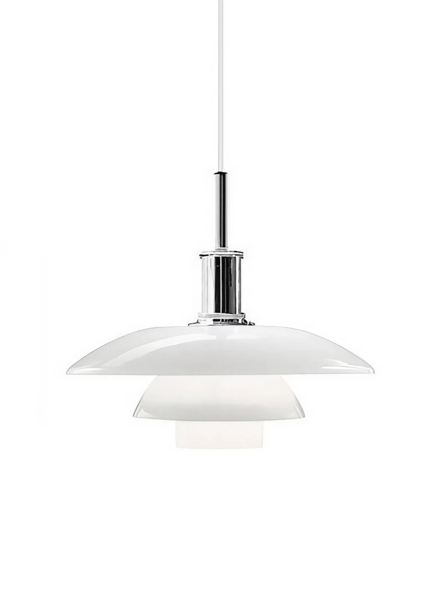 Opal glass disc pendant with a stainless-steel finish upper fitting on white