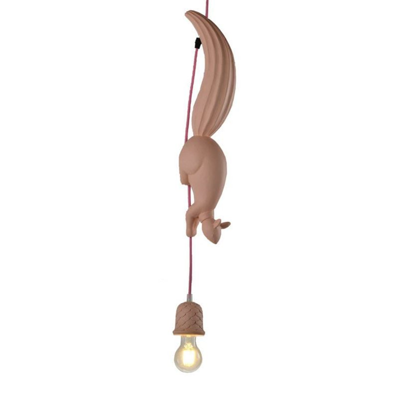 Pink squirrel pendant on a pink cord with a pinecone-pattern holder and round lit bulb