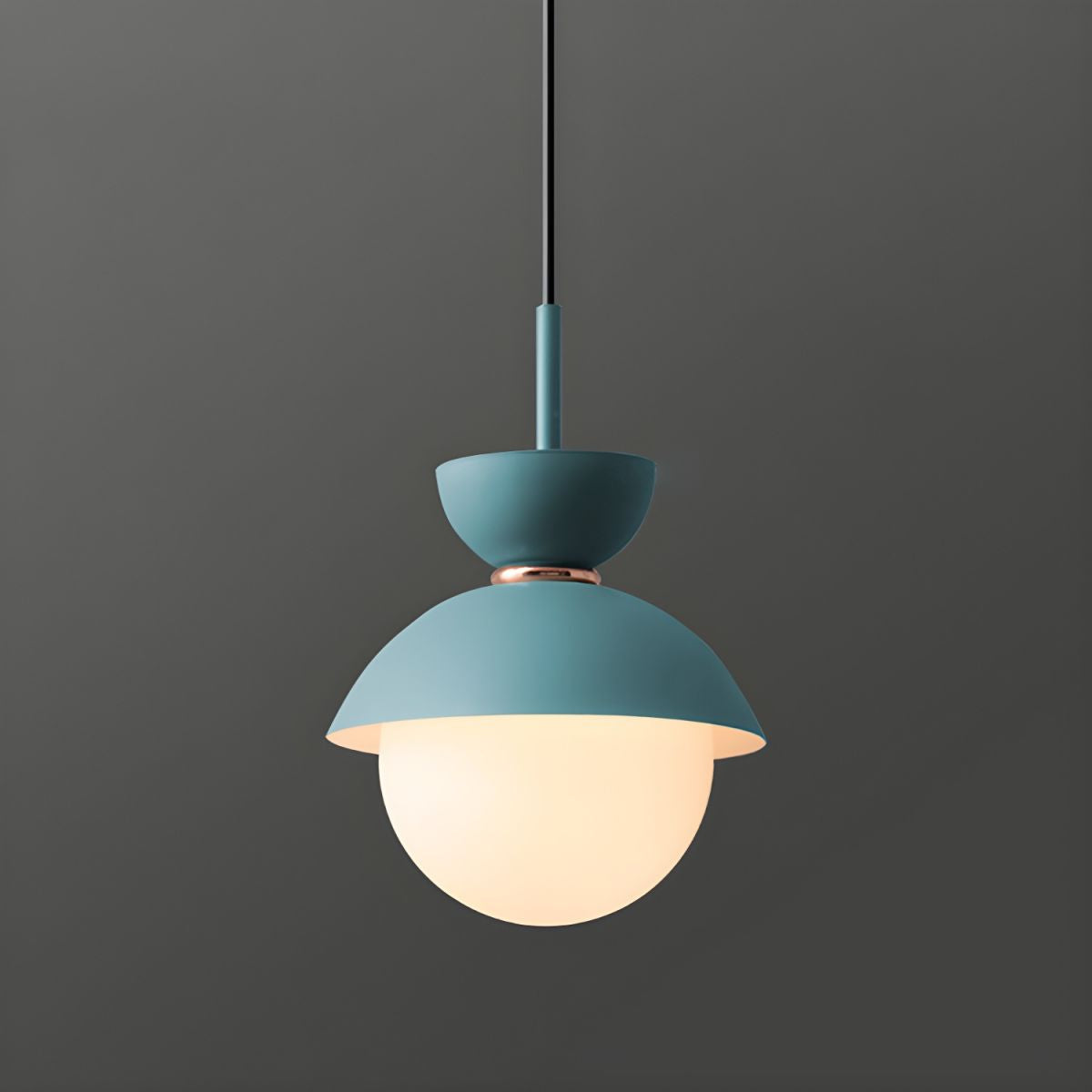 Light blue metal cup and shade above white globe