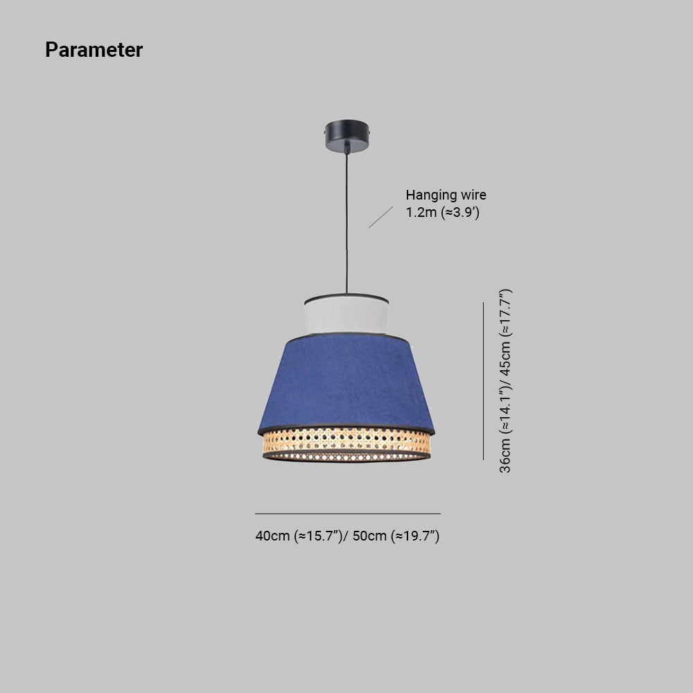 Ritta Style B drawing: 40/50 cm widths, 36/45 cm body heights and a 1.2 m hanging-wire label beside the blue shade.
