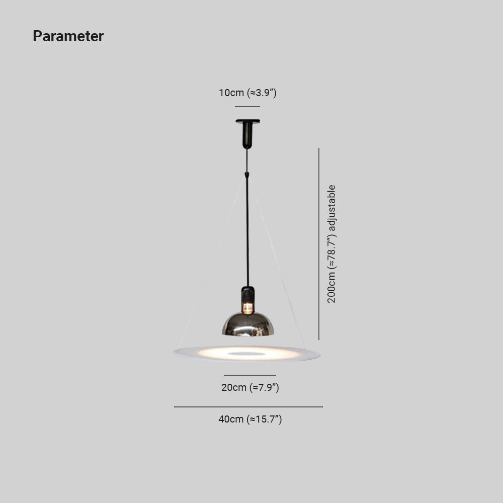 Levi diagram marking a 10 cm canopy, 20 cm dome, 40 cm lower disc and 200 cm adjustable hanging dimension