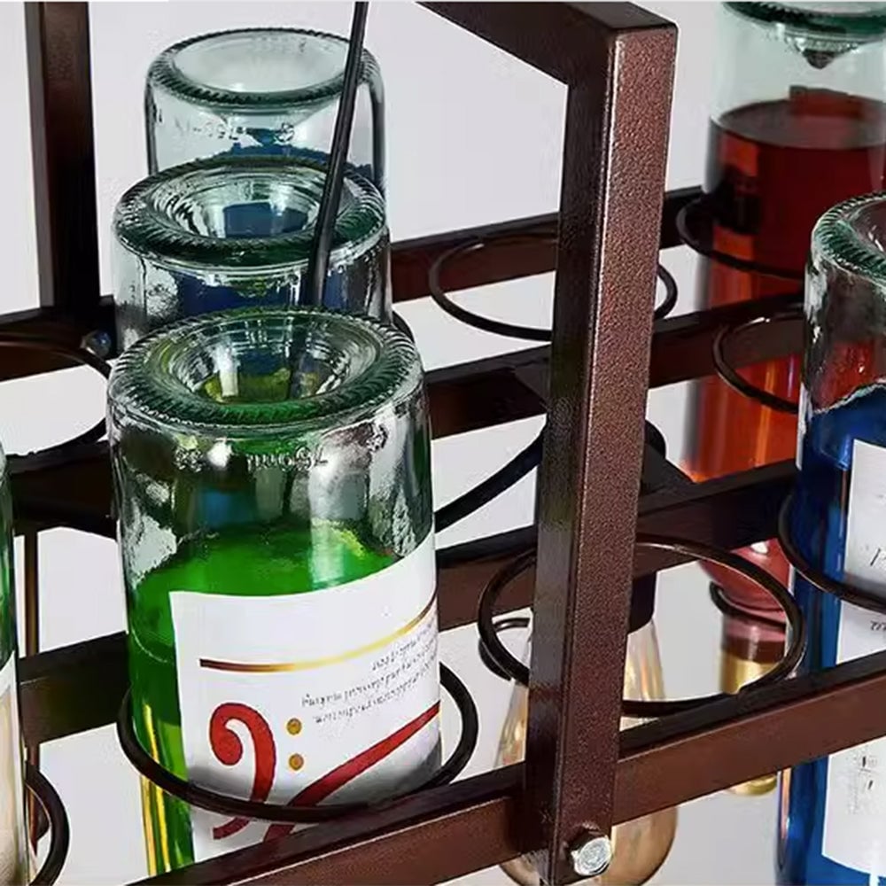 Close view of coloured bottles held in the Hailie rack with visible brackets and bolts.