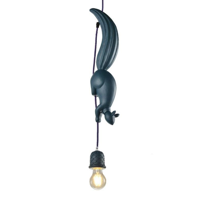 Single blue squirrel pendant on a cord, with a pinecone-pattern holder and round lit bulb