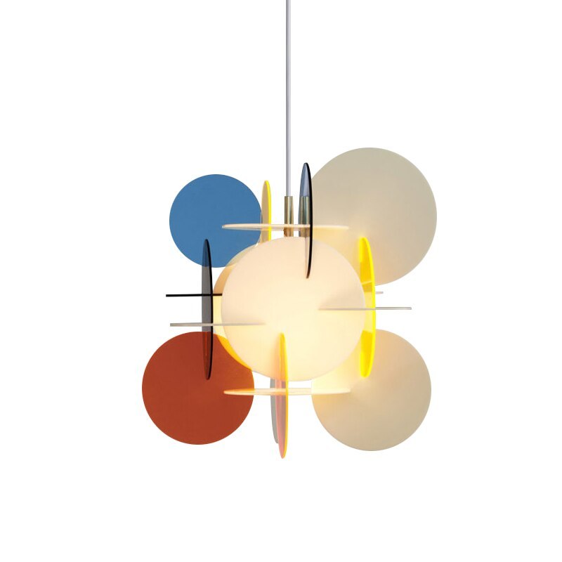 Closer isolated Morandi Yellow/Blue/Red pendant on white, showing discs in different planes around the central light