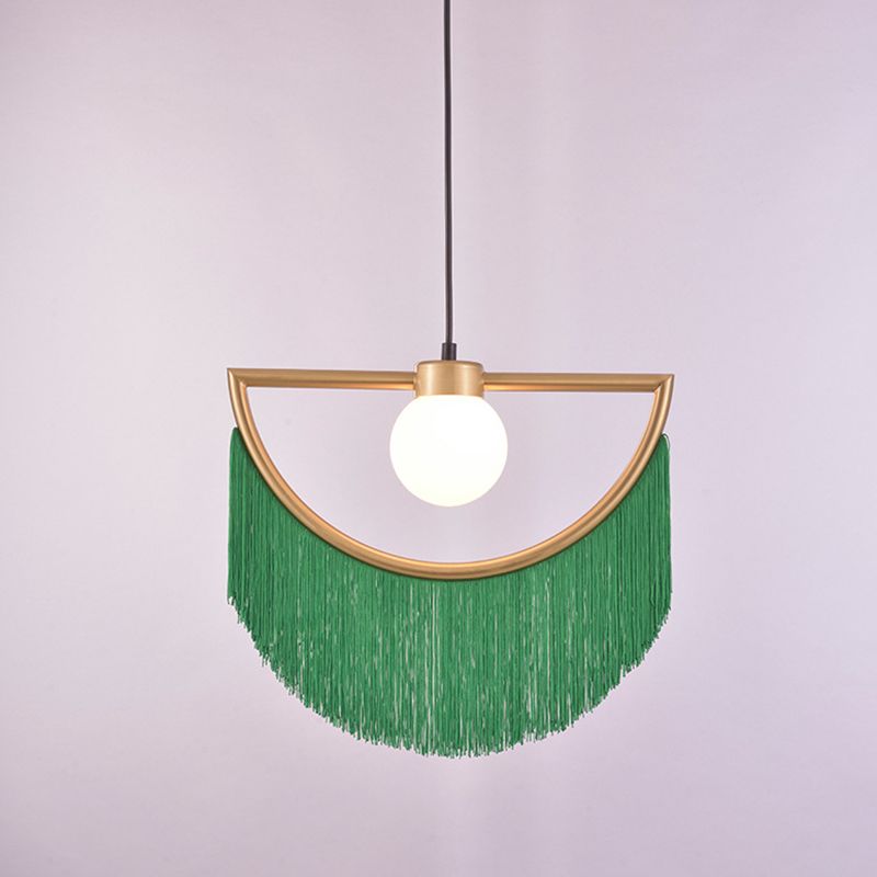 Minori green fringe pendant with gold-tone frame and white globe