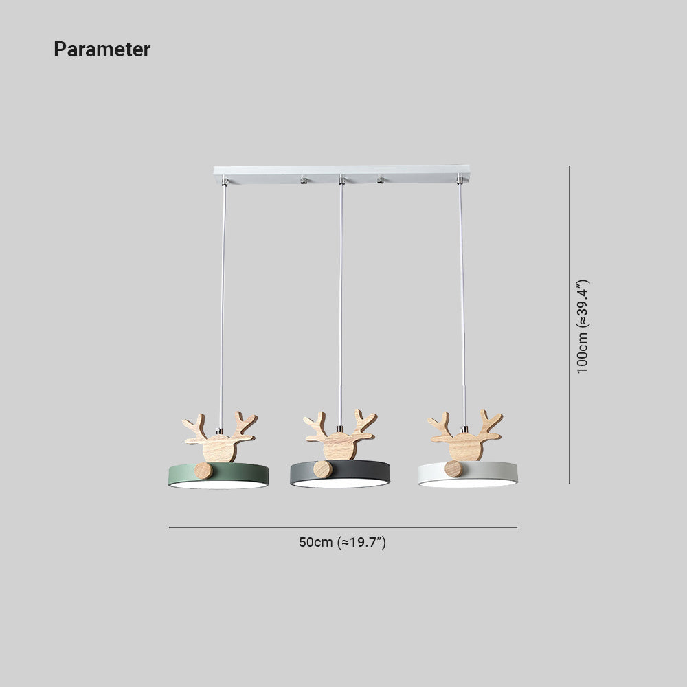Three-head dimension drawing, 50 cm approximate 19.7 in span and 100 cm approximate 39.4 in pictured hanging height