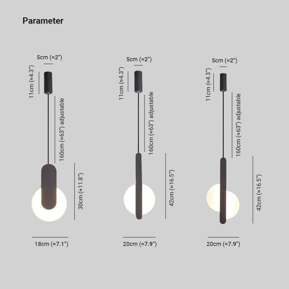 Size drawing for three bar-and-round-light pendants