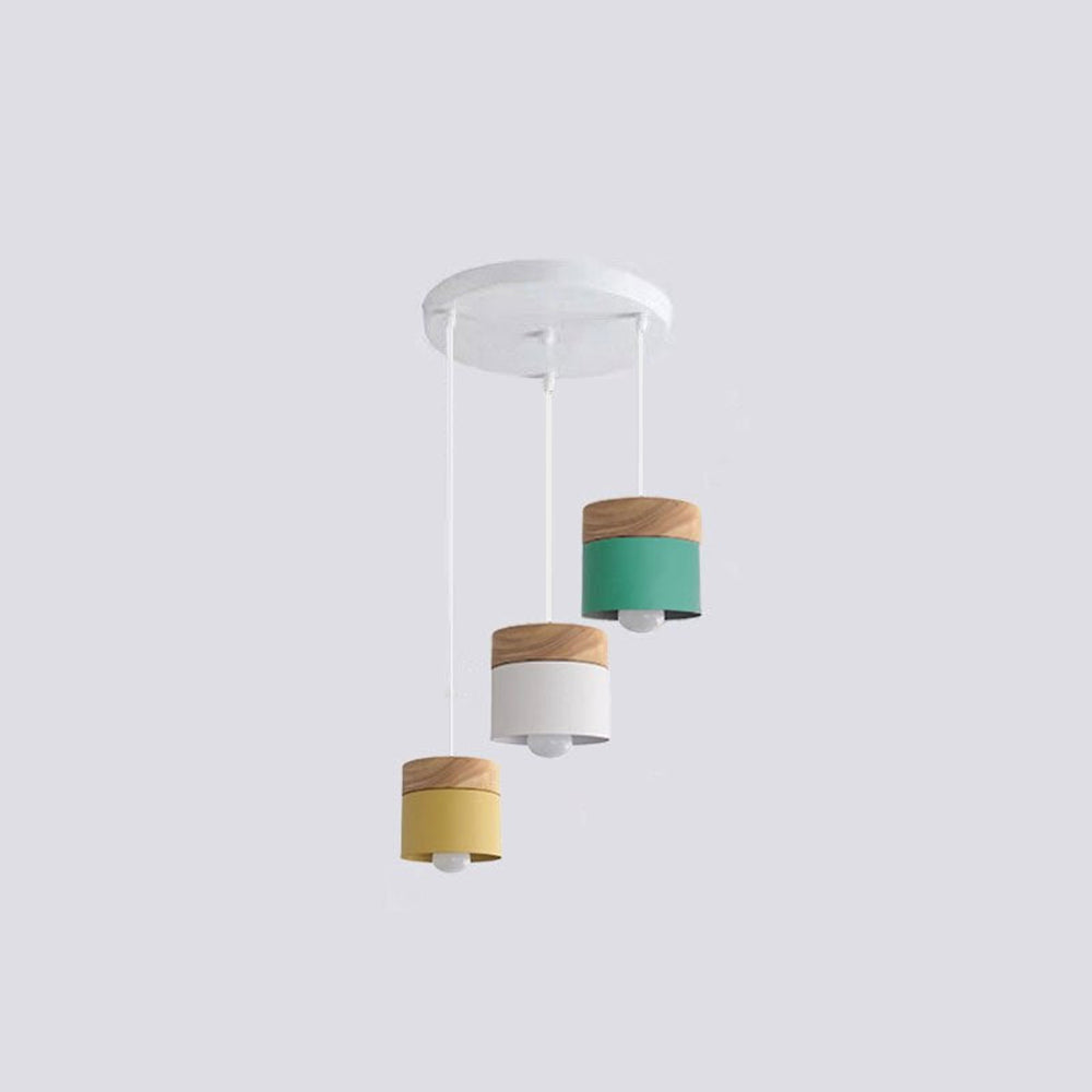 Yellow, white and green wood-accent cylindrical heads suspended from a white round canopy