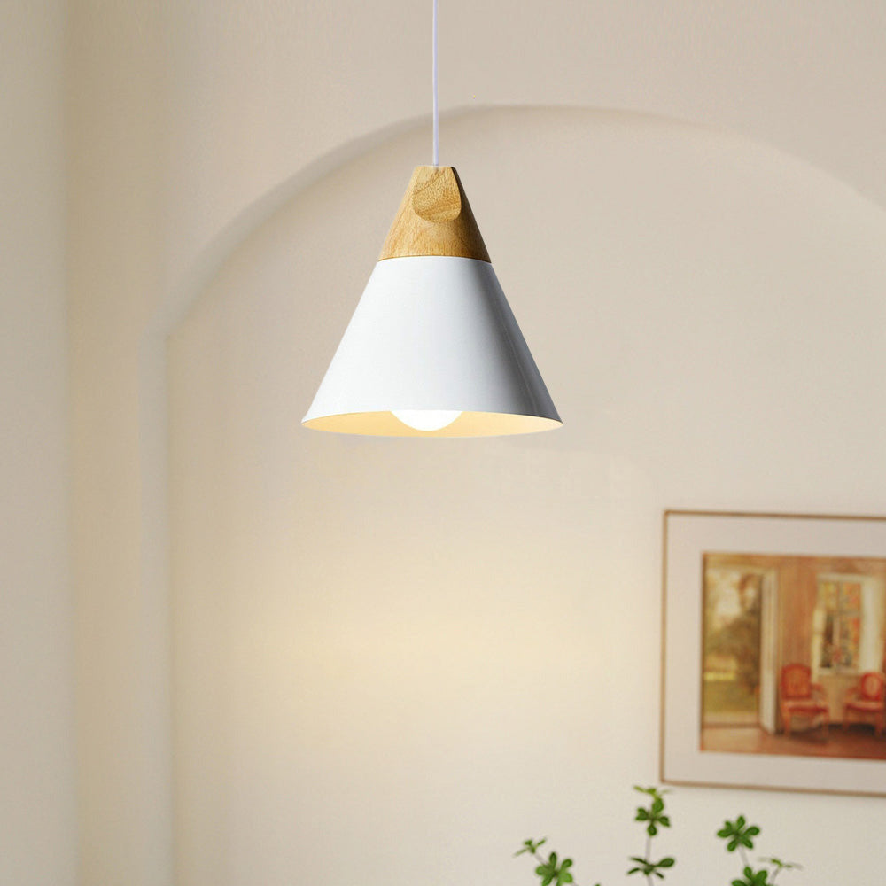 White medium cone pendant with visible bulb against a cream arched wall and framed picture