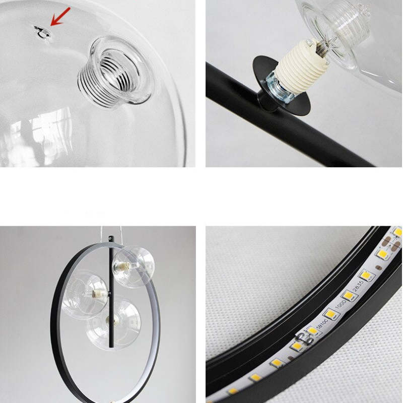 Four-panel pendant details showing glass threads, holder components, a three-globe ring and an inner LED strip
