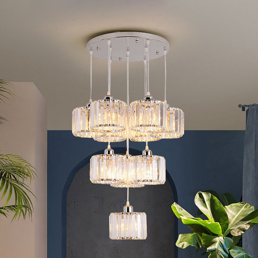 Round cluster of clear crystal column pendants in room