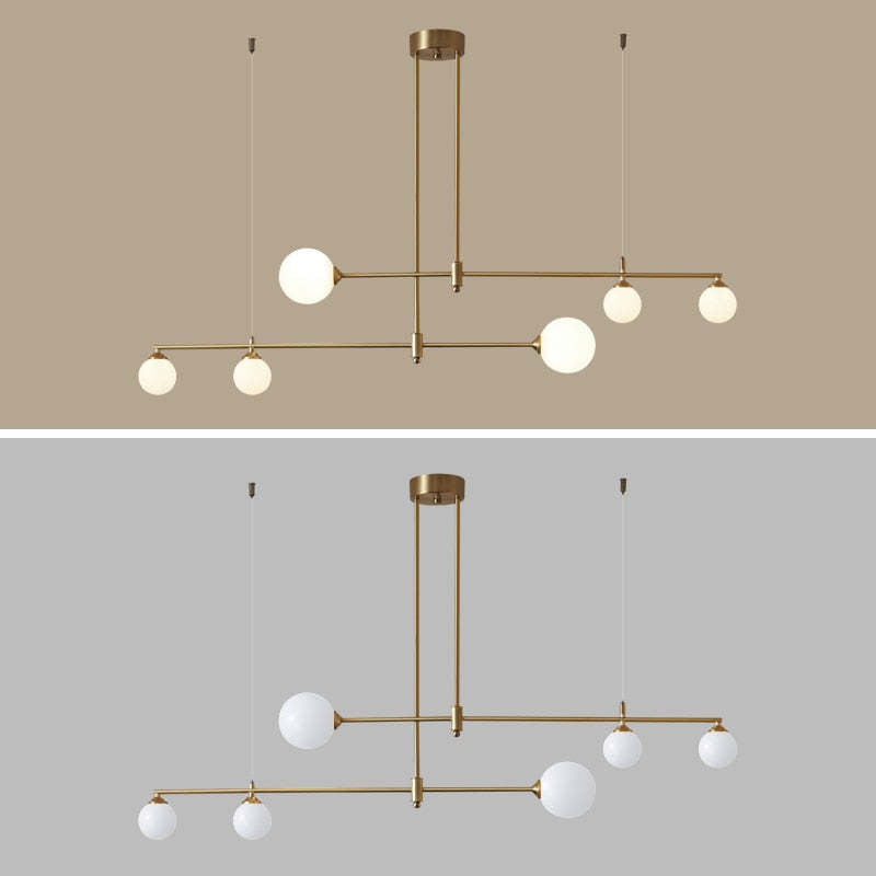 Two-panel view of Valentina six-globe gold pendant illuminated above and unlit below, with offset bars and auxiliary lines