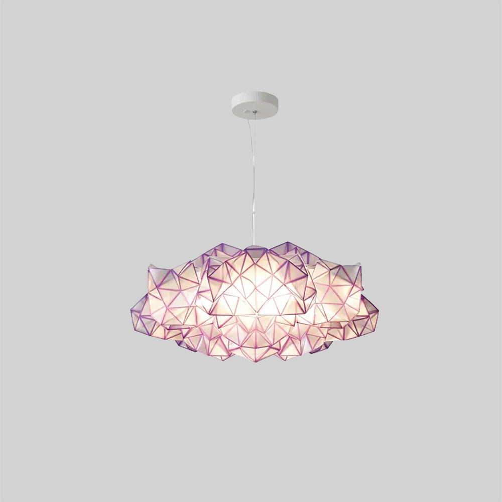 Purple Bella pendant light with purple triangular outlines and a white round canopy