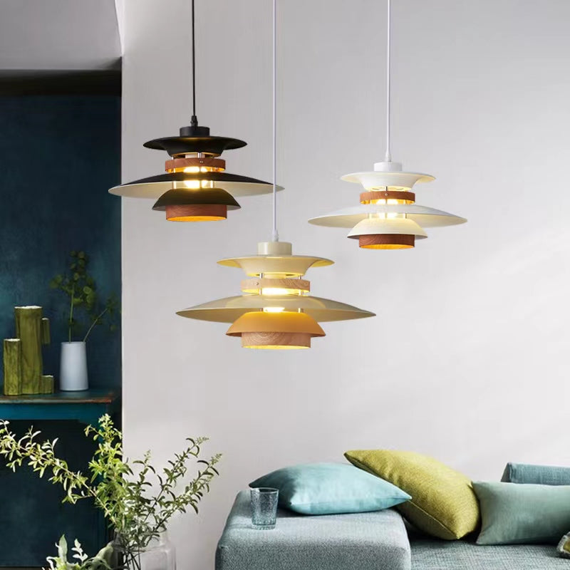 Black, wood-look and white Morandi pendants shown together