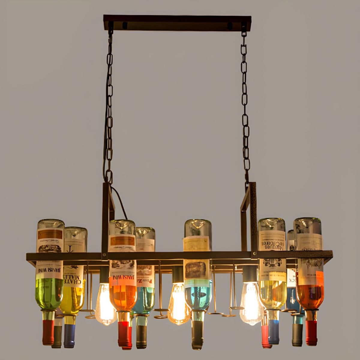 Short Hailie bottle pendant illuminated beneath a rectangular canopy and two chains.