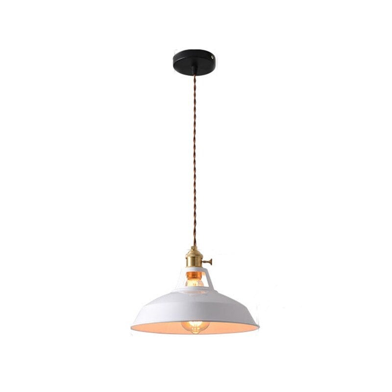 White metal dome pendant with twisted brown cord, gold-coloured top fitting and black canopy