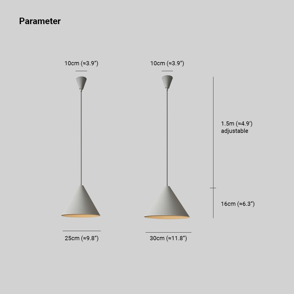 Carins drawing with 25 and 30 cm diameters, 10 cm canopies, a 1.5 m adjustable upper span and a 16 cm label beside the larger shade.