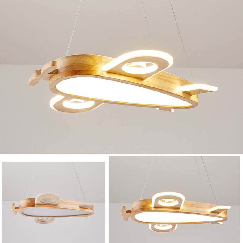 Three-view collage of illuminated and unlit airplane pendant with broad white underside and circular wing details