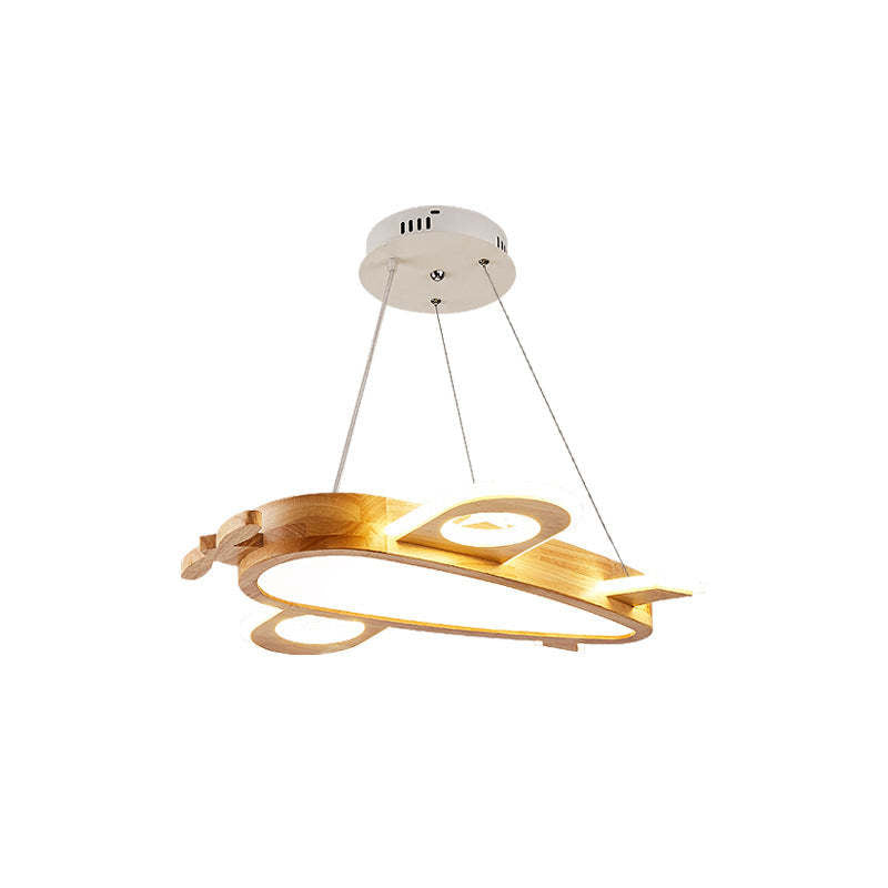 Isolated airplane pendant from below with three suspension wires, white round canopy and wood-colour tail