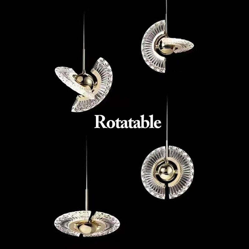 Rotatable illustration showing Kristy acrylic fan pieces in four upright, angled and horizontal arrangements on black