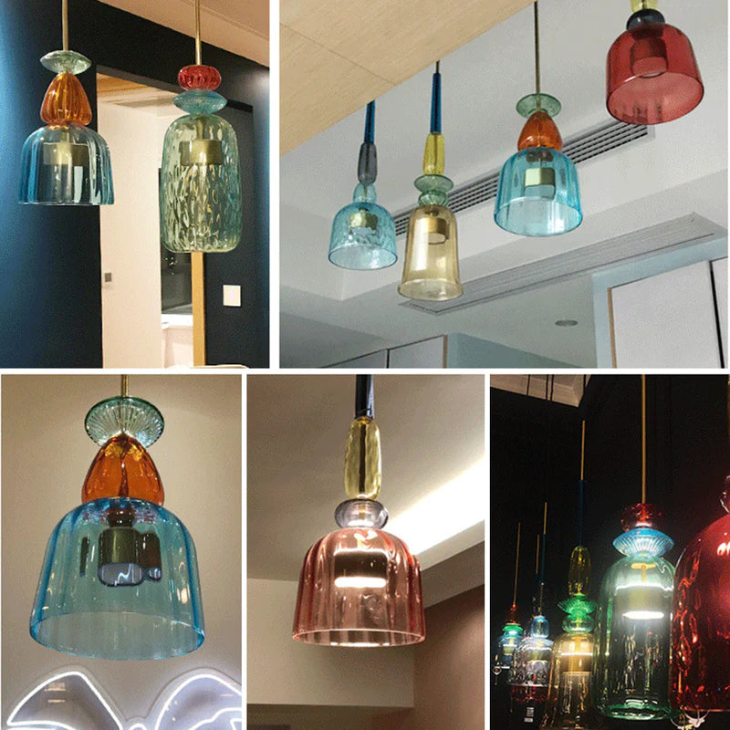 Collage of coloured glass pendants and decorative details