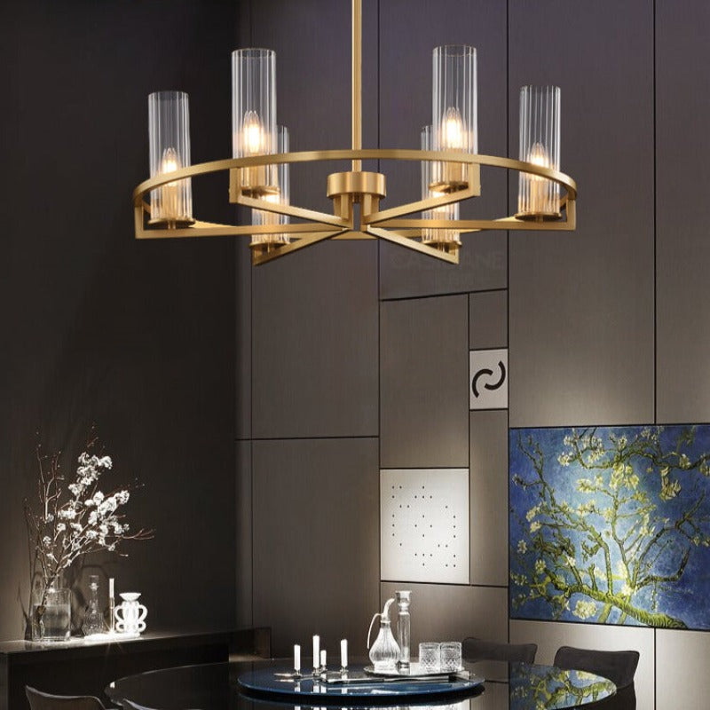 Six-head glass ring pendant above table and dark wall