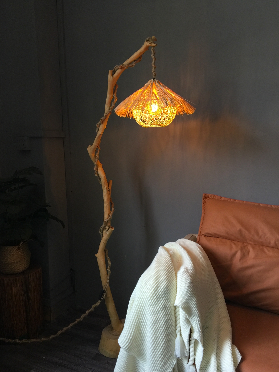 Rustic Rattan Wooden Birdcage Floor Lamp - Cueteks