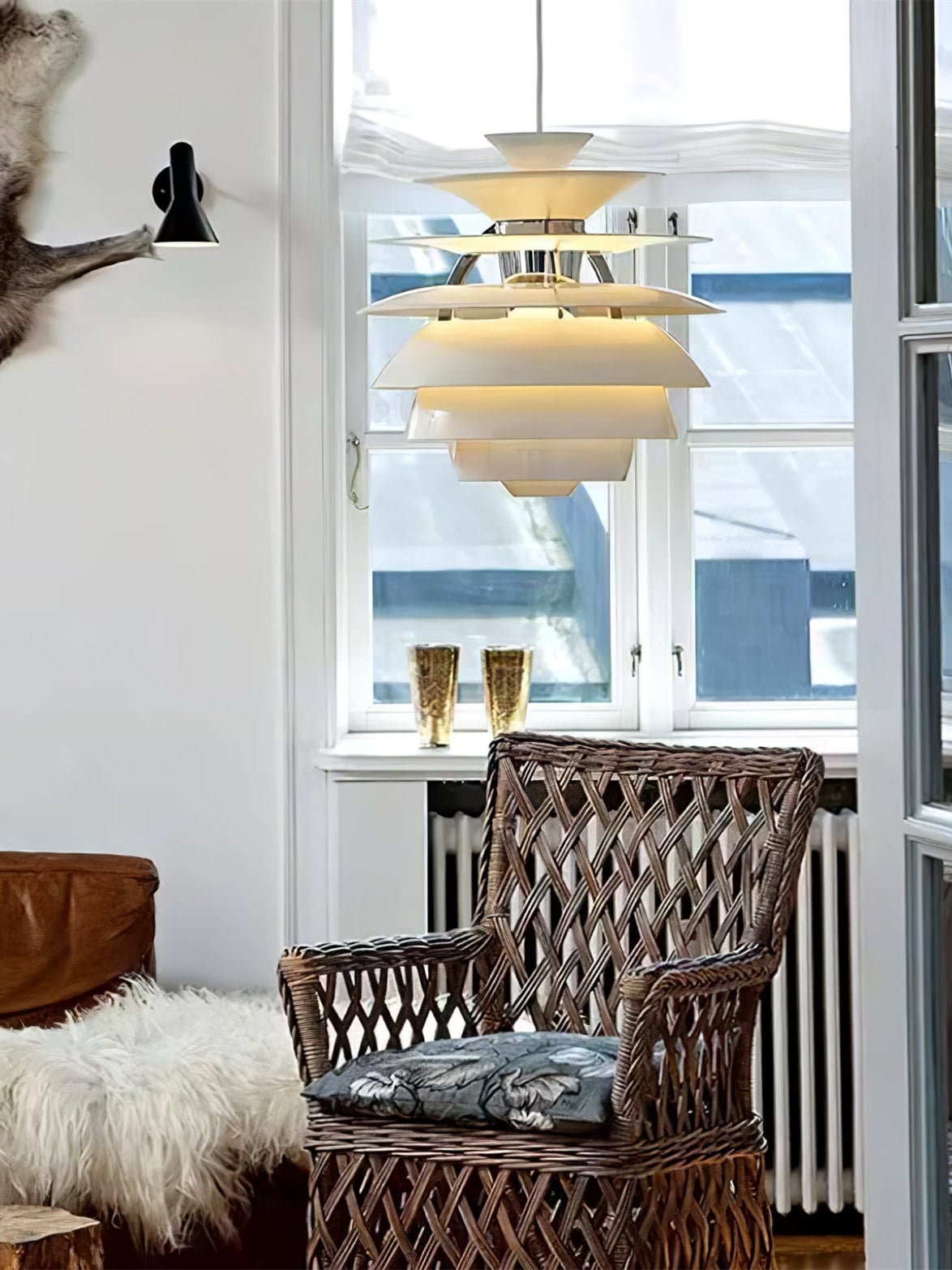 White Snowball pendant beside a window and woven chair