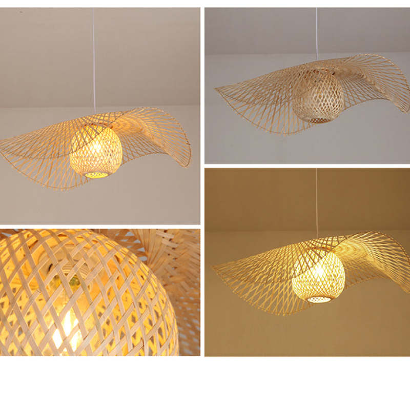 Four-panel views of a wavy brim with central woven basket, lit and unlit, with weave detail