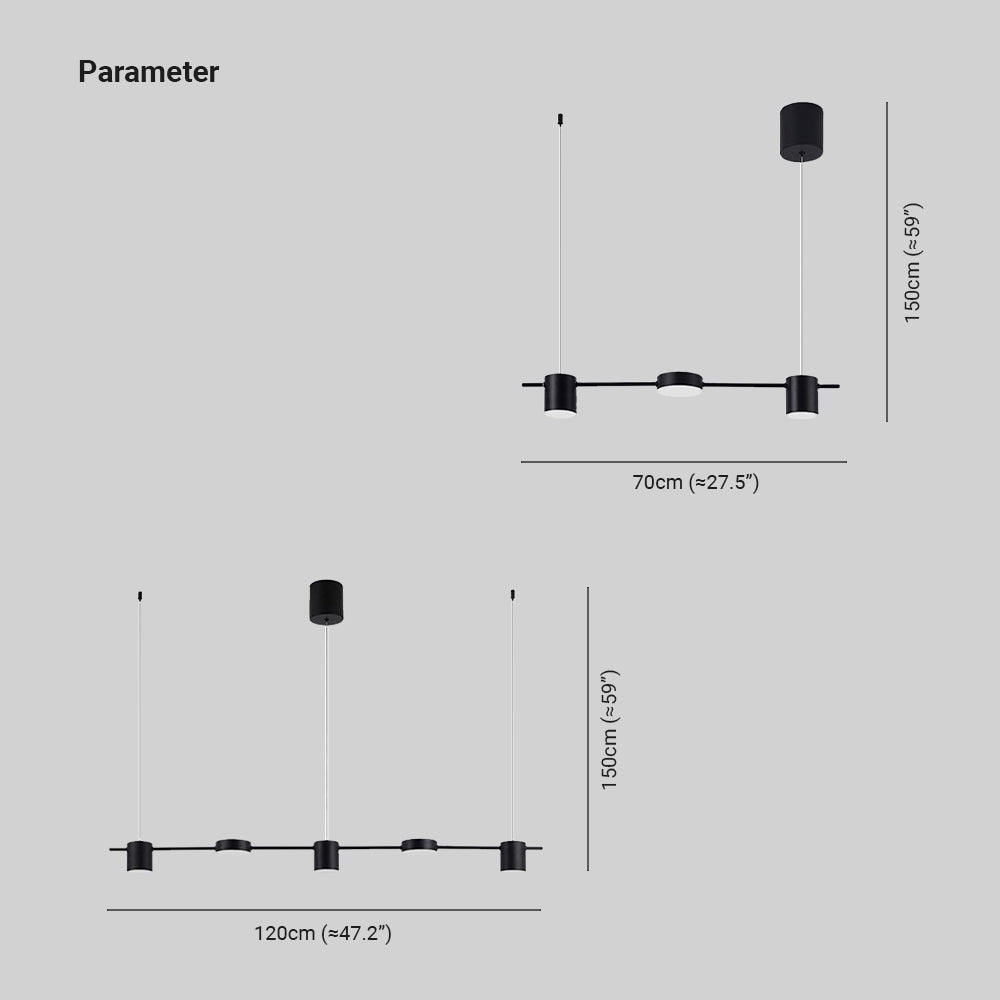 Three-light 70 cm and five-light 120 cm pendant diagram with 150 cm vertical marks