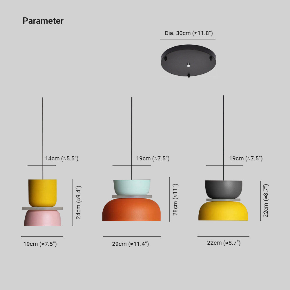 Morandi guide: three pictured bodies with upper/lower widths 14/19, 19/29 and 19/22 cm, heights 24, 28 and 22 cm; 30 cm canopy