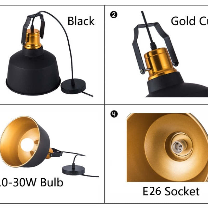 Four-panel pendant detail collage showing black shade, brass-tone neck, lit bulb and an E26 socket