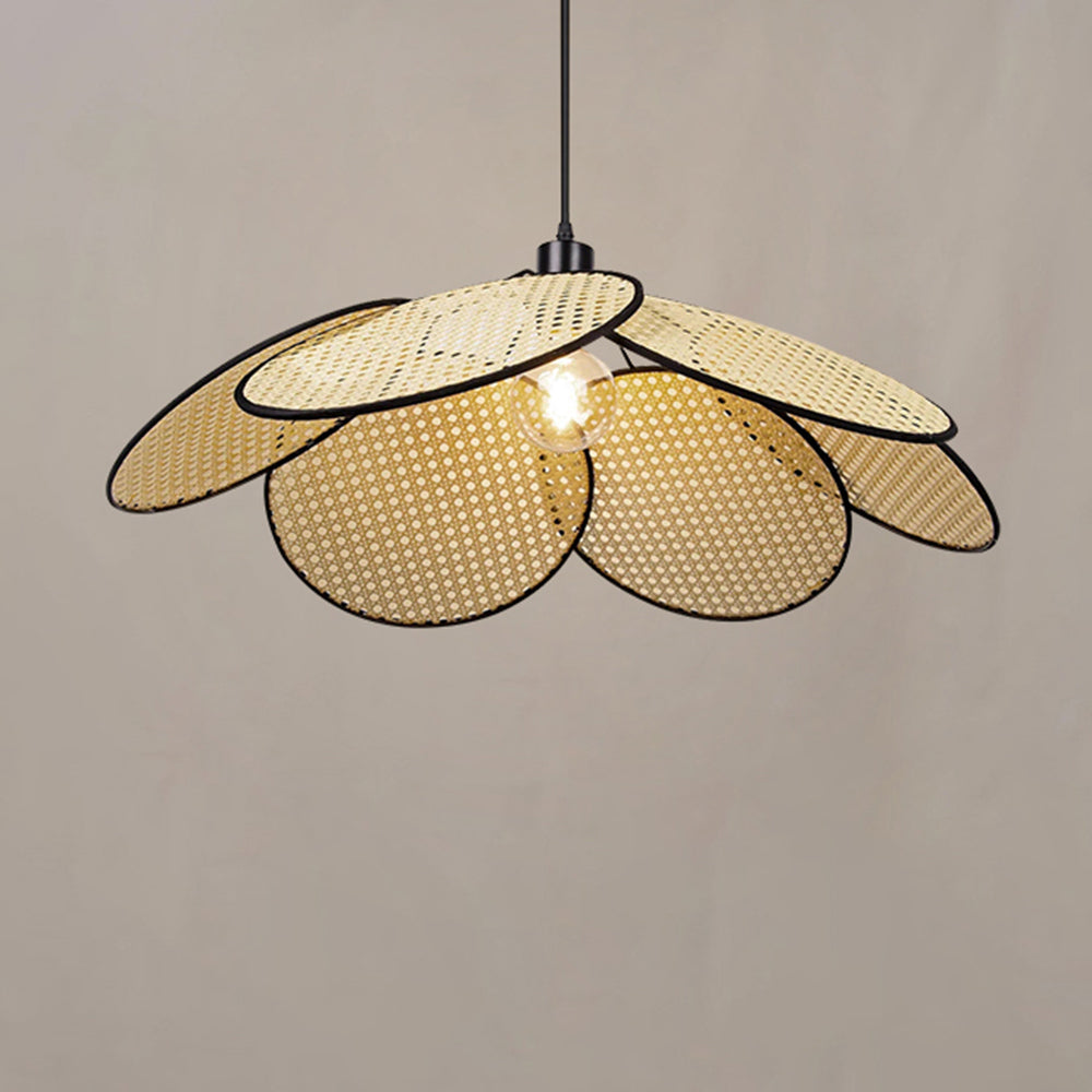 Close view of the Black 19.6-inch option photo, with overlapping woven petals and a lit central globe bulb