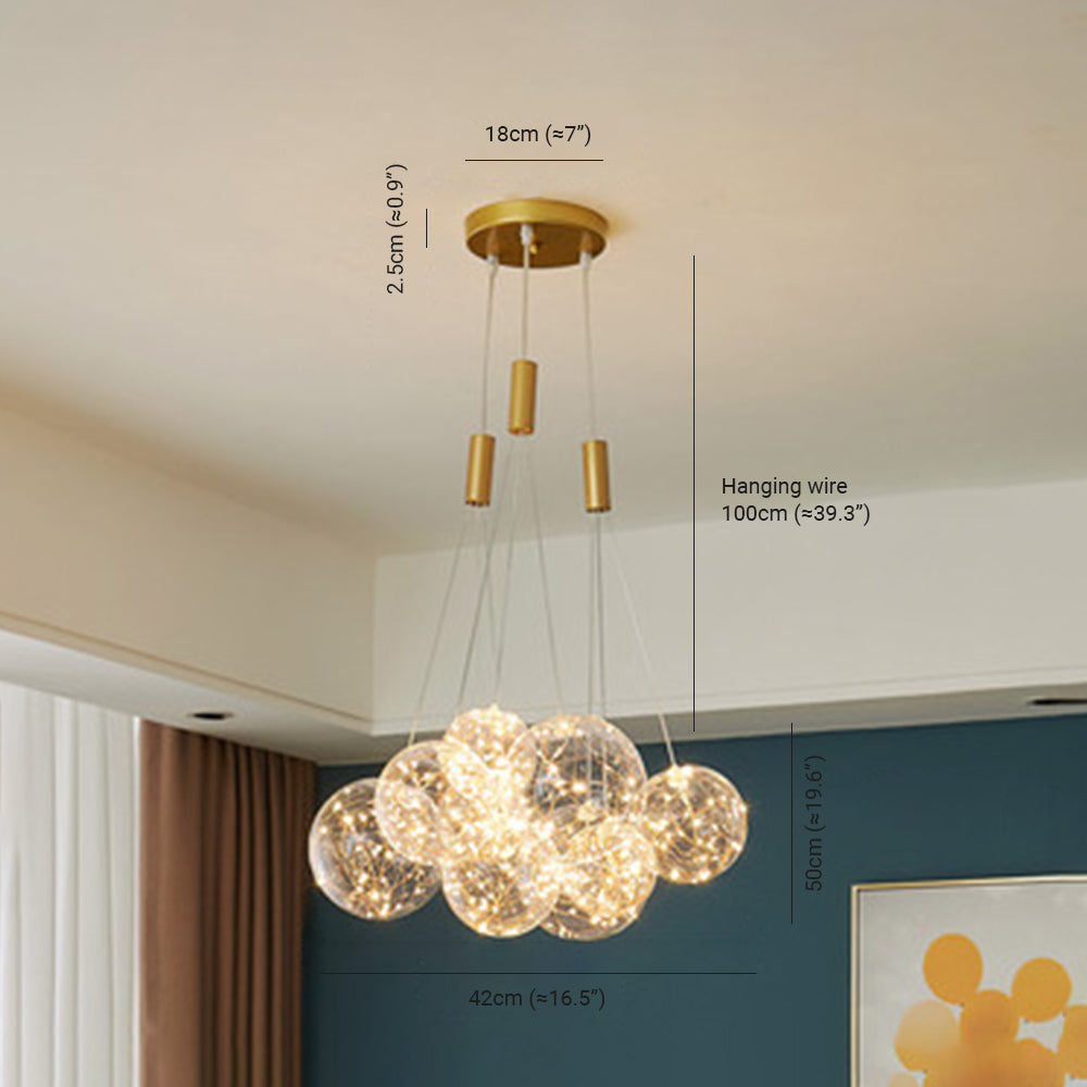 Valentina Starry 9-bubble guide: 42 cm cluster span, 18 cm canopy, 100 cm hanging wire and 50 cm lower vertical annotation