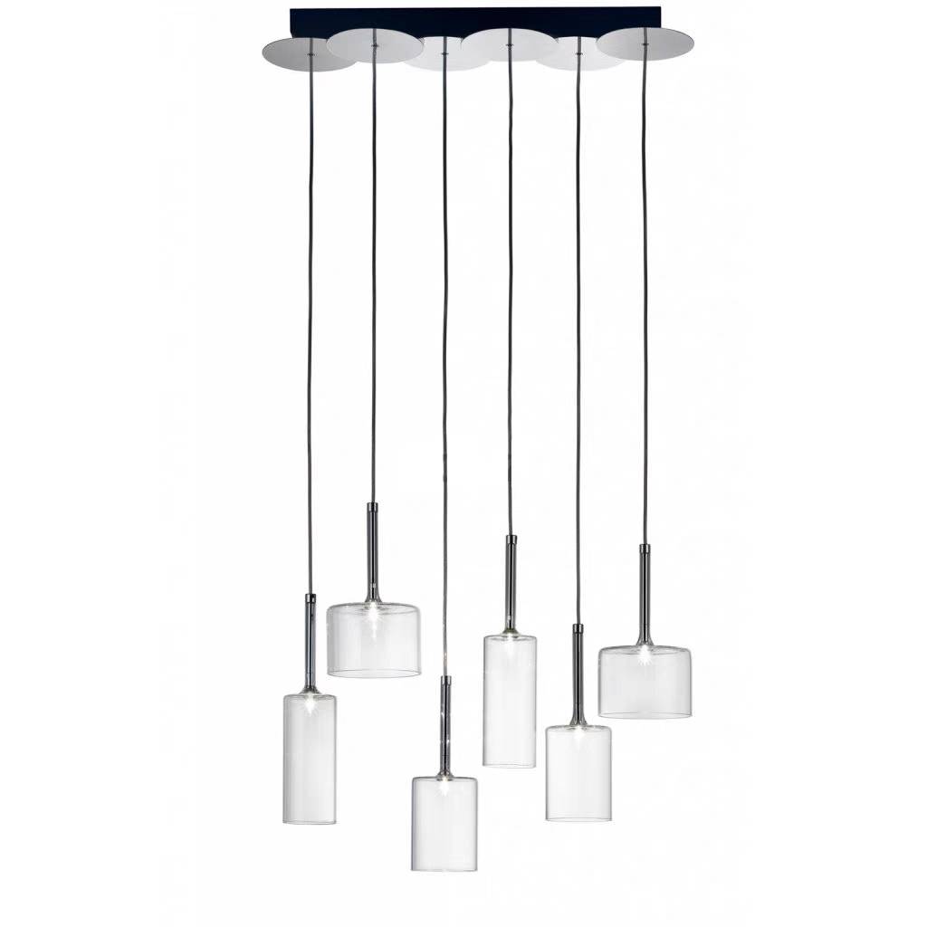Six-light Kristy pendant with clear cylindrical shades at staggered heights.