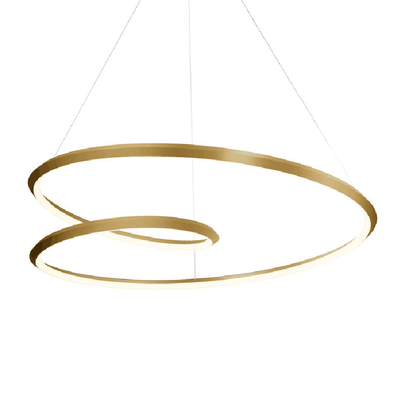 Gold Arisha spiral cropped close on white, with luminous underside and suspension cables extending out of frame